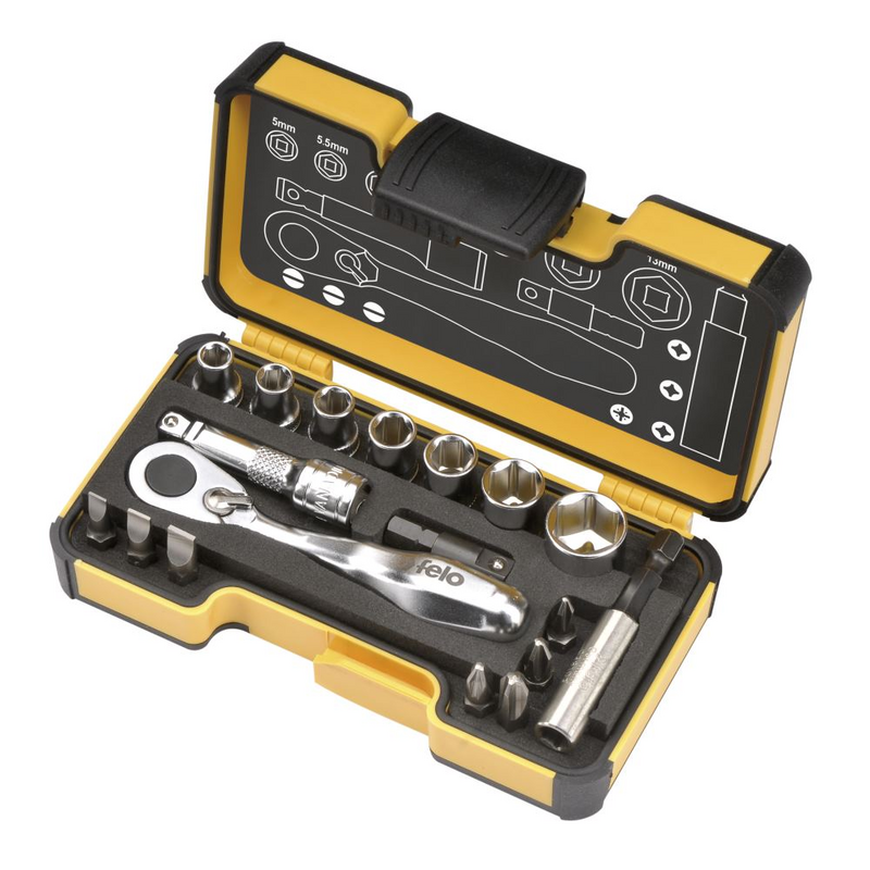 XS 18 Inch - Werkzeugsatz 1/4" mit Miniratsche, Bits, Steckschlüsseleinsätzen Inch und Zubehör in XS