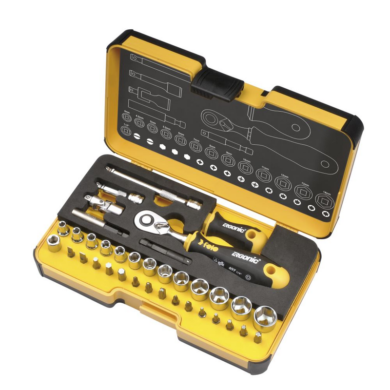"R-GO XL" - Werkzeugsatz 1/4" mit ERGONIC Ratsche, Bits, Steckschlüsseleinsätzen und Zubehör in XL-S