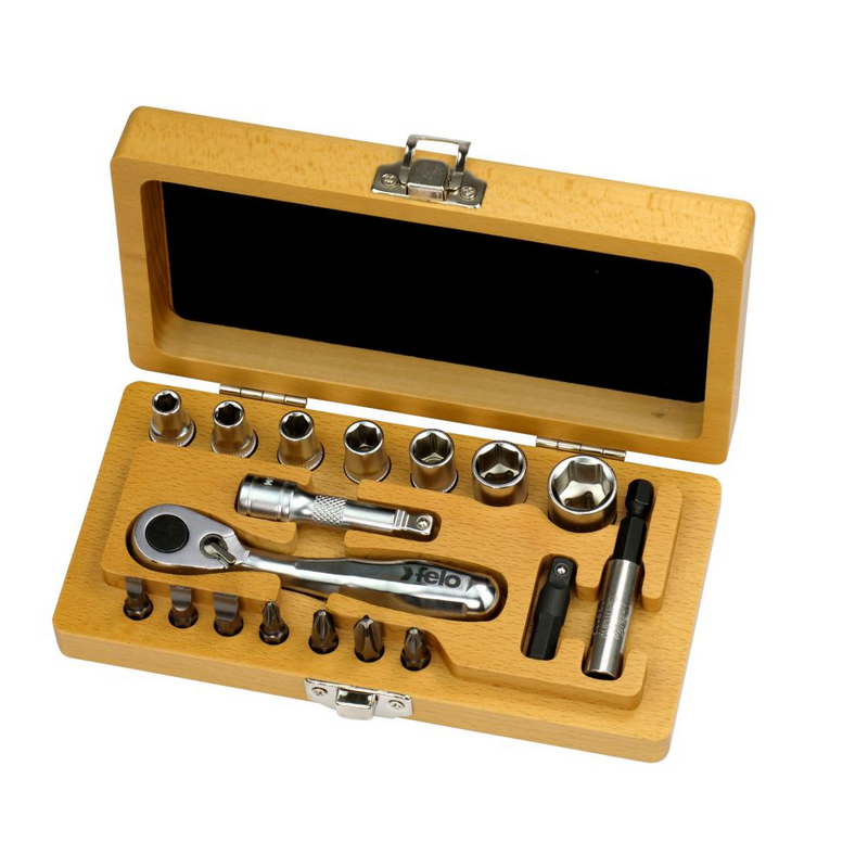XS-Classic 1/4" Holz-Werkzeugbox mit Miniratsche, Bits und Stecknüssen, 18-teilig